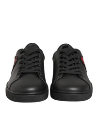 Dolce & Gabbana Black Leather Crystal Heart Sneakers Women's Shoes