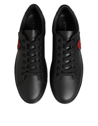 Dolce & Gabbana Black Leather Crystal Heart Sneakers Women's Shoes