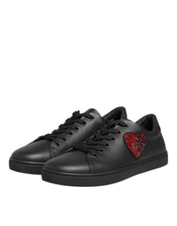 Dolce & Gabbana Black Leather Crystal Heart Sneakers Women's Shoes