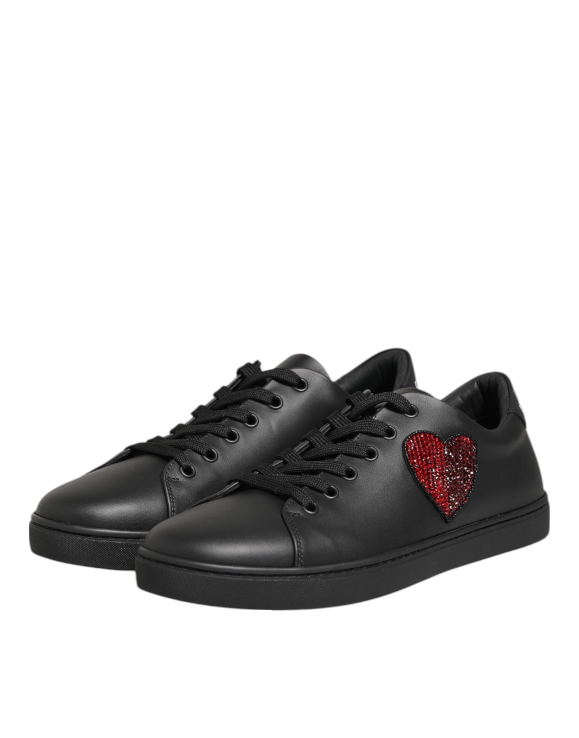 Dolce & Gabbana Black Leather Crystal Heart Sneakers Women's Shoes