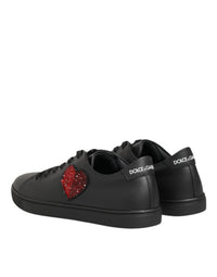 Dolce & Gabbana Black Leather Crystal Heart Sneakers Women's Shoes