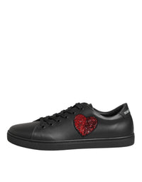 Dolce & Gabbana Black Leather Crystal Heart Sneakers Women's Shoes