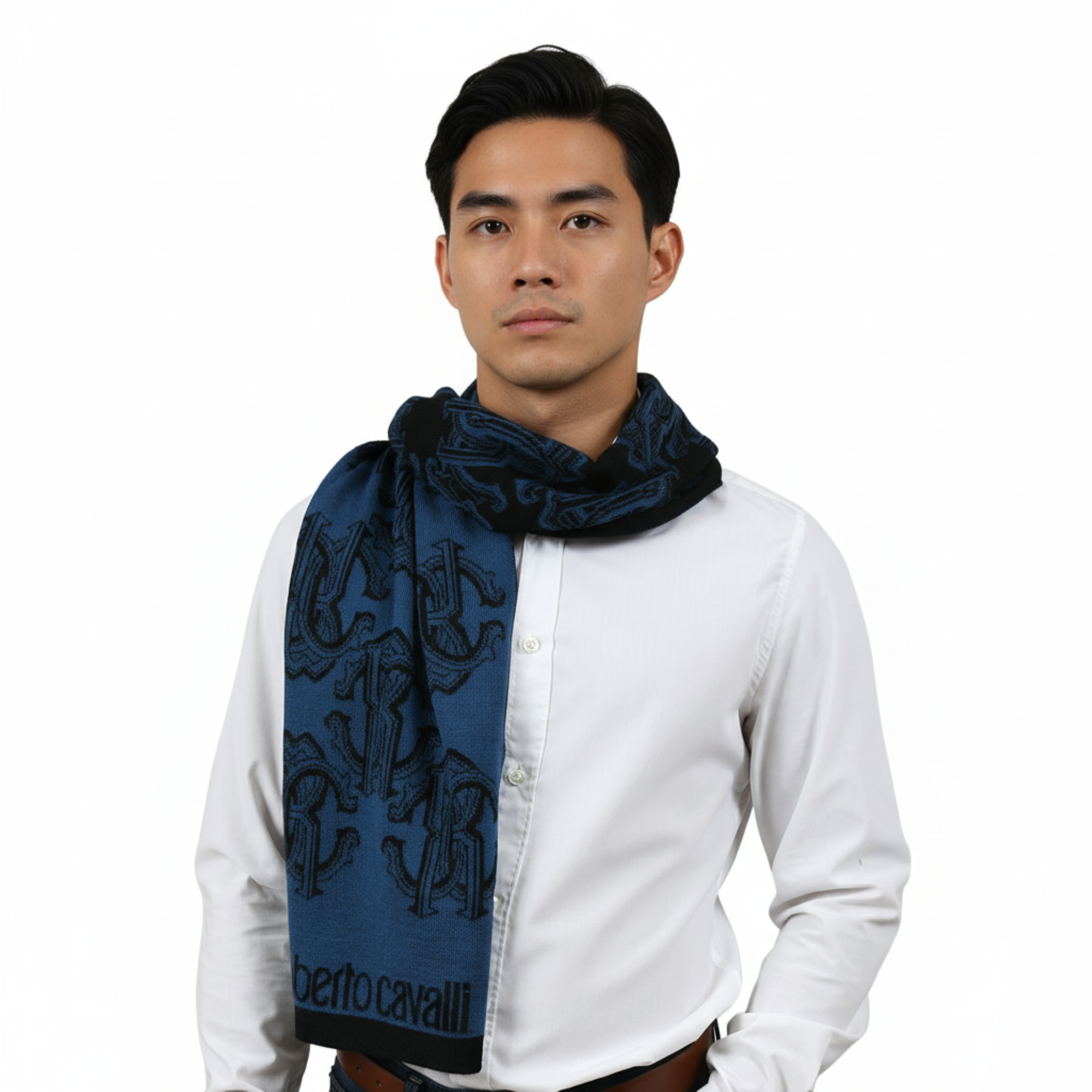 Roberto Cavalli ESZ028 D0174 Blue Marine/ Black Wool Blend Logo Mens Scarf