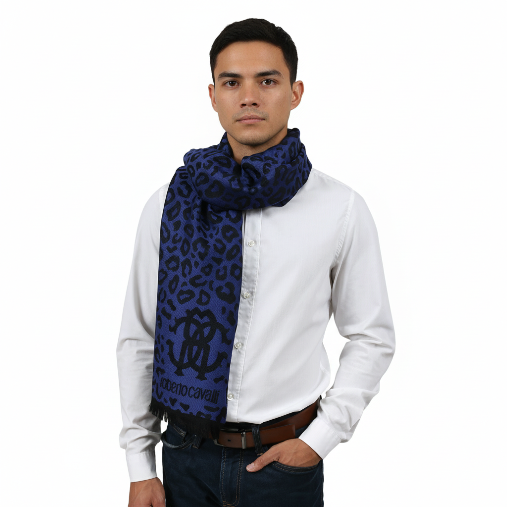 Roberto Cavalli ESZ029 03000 Purple Wool Blend Leopard Print Mens Scarf