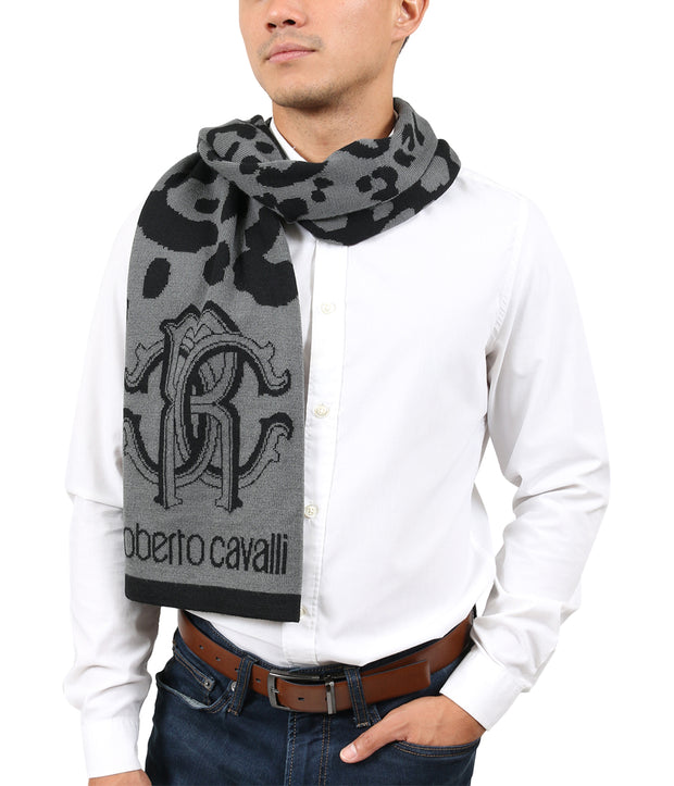 Roberto Cavalli ESZ030 05001 Grey Wool Blend Leopard Print Mens Scarf