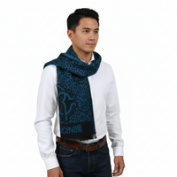 Roberto Cavalli ESZ056 04505 Turquoise Wool Blend Leopard Print Mens Scarf