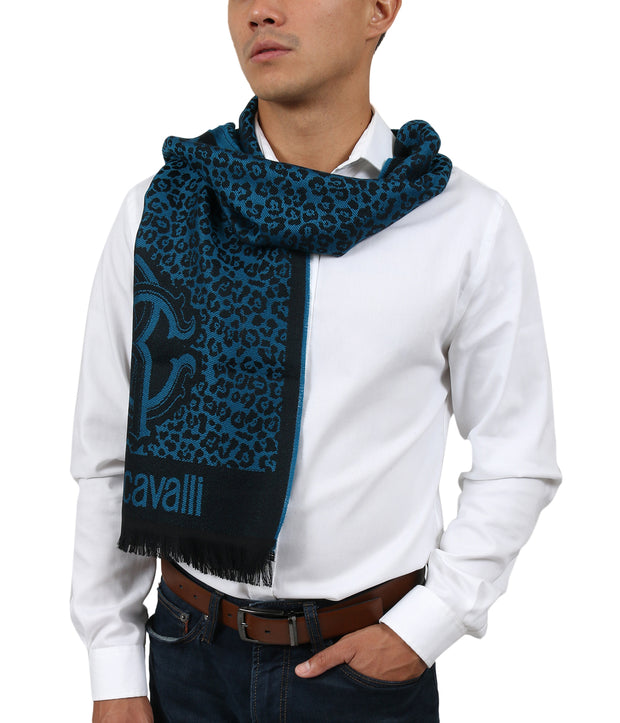 Roberto Cavalli ESZ056 04505 Turquoise Wool Blend Leopard Print Mens Scarf