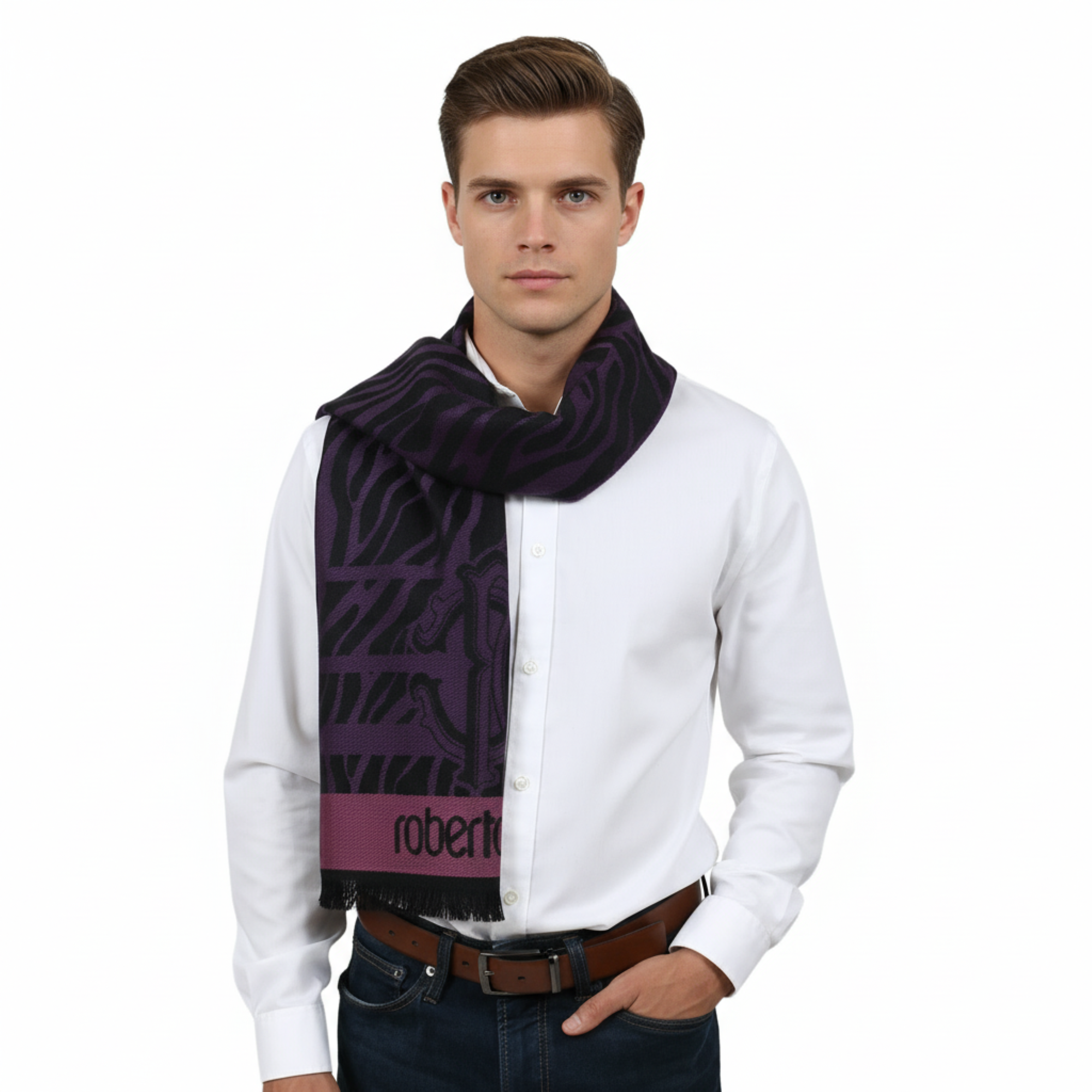 Roberto Cavalli ESZ057 03000 Purple Wool Blend Tiger Print Mens Scarf