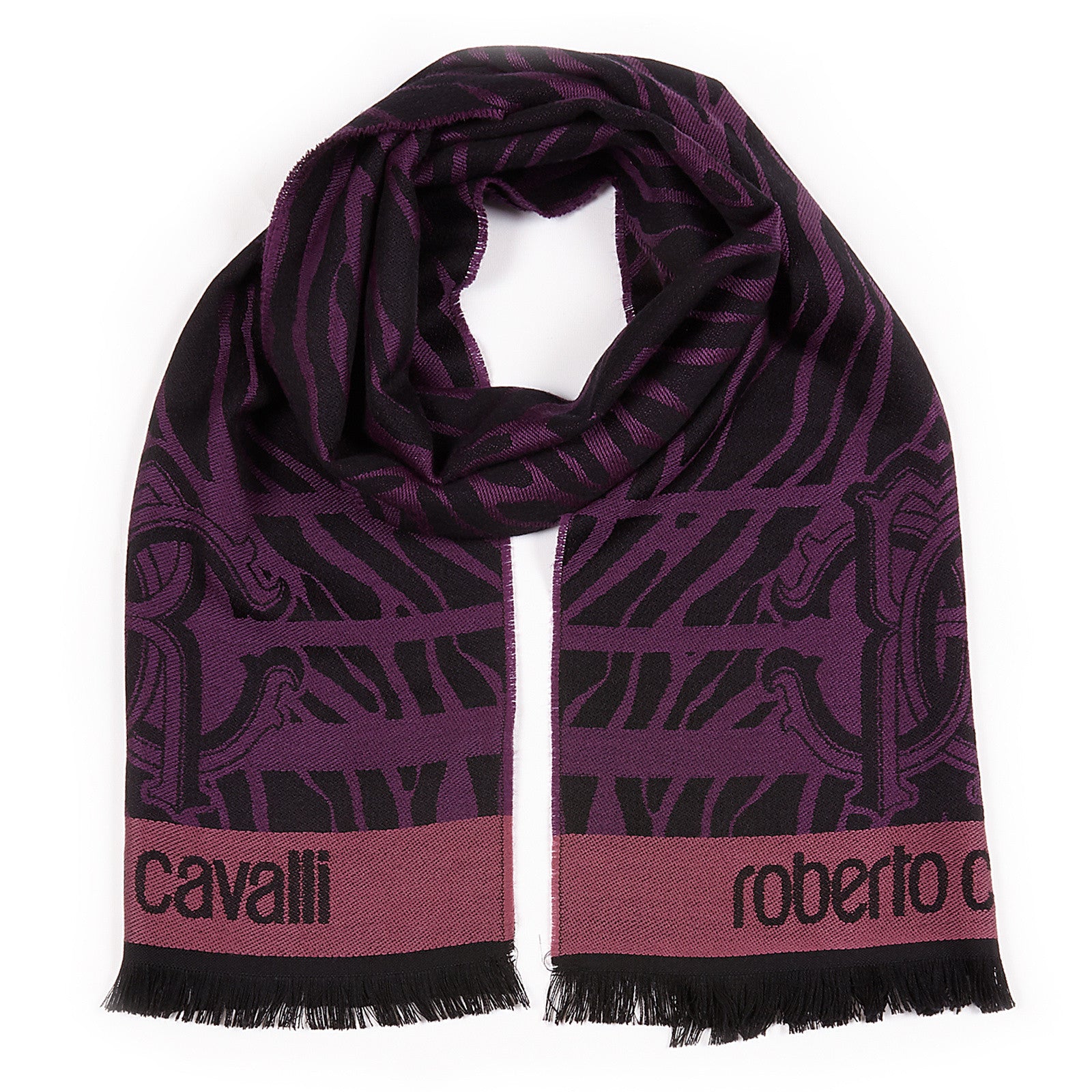 Roberto Cavalli ESZ057 03000 Purple Wool Blend Tiger Print Mens Scarf