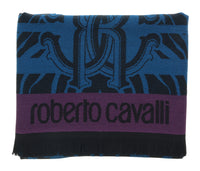 Roberto Cavalli ESZ057 04505 Turquoise Wool Blend Tiger Print Mens Scarf