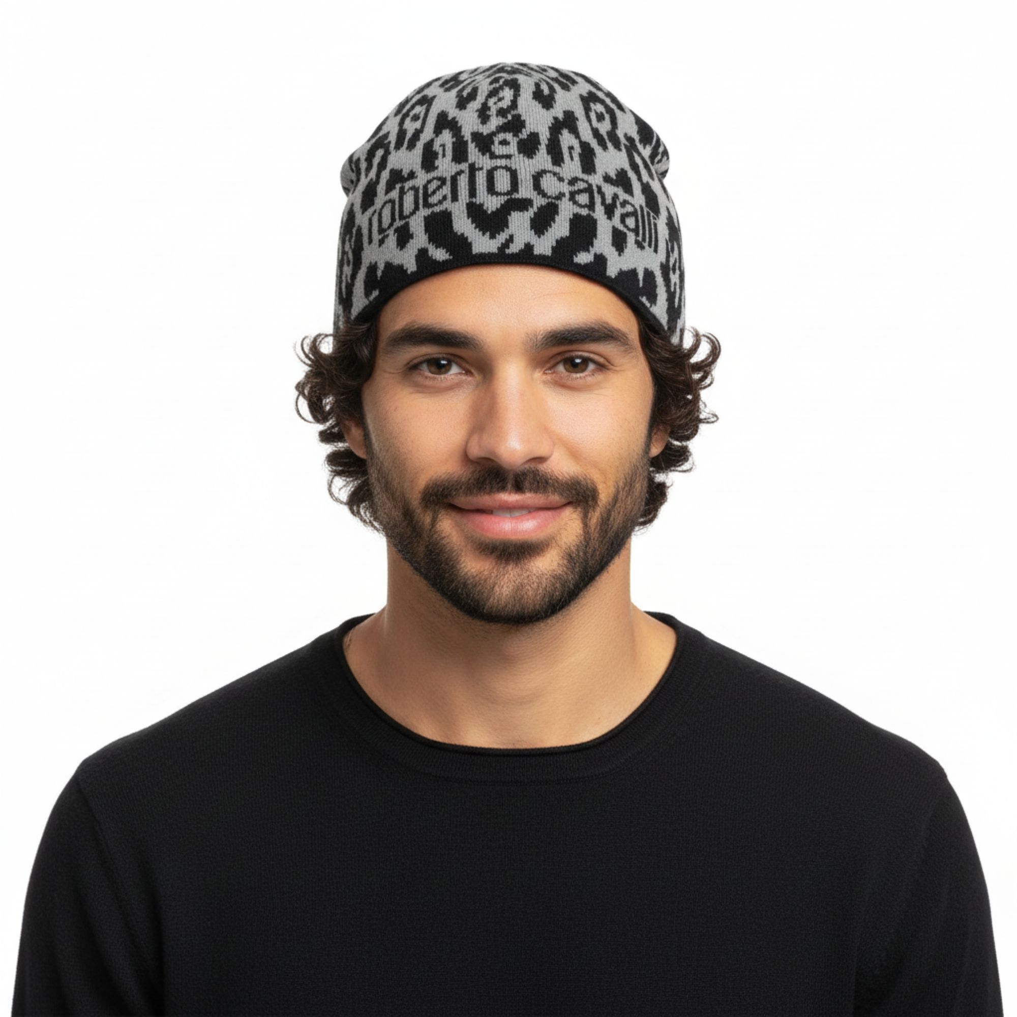 Roberto Cavalli ESZ026 D0060 Black/Grey Jaguar Beanie Hat
