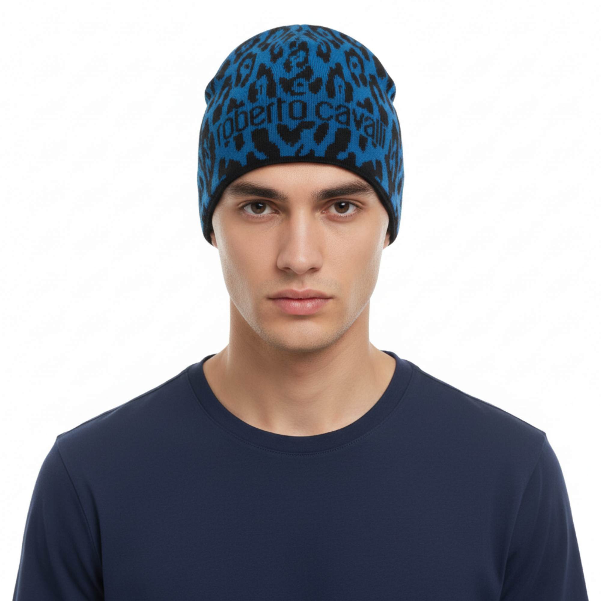 Roberto Cavalli ESZ026 D0174 Black/Aquamarine Jaguar Beanie Hat