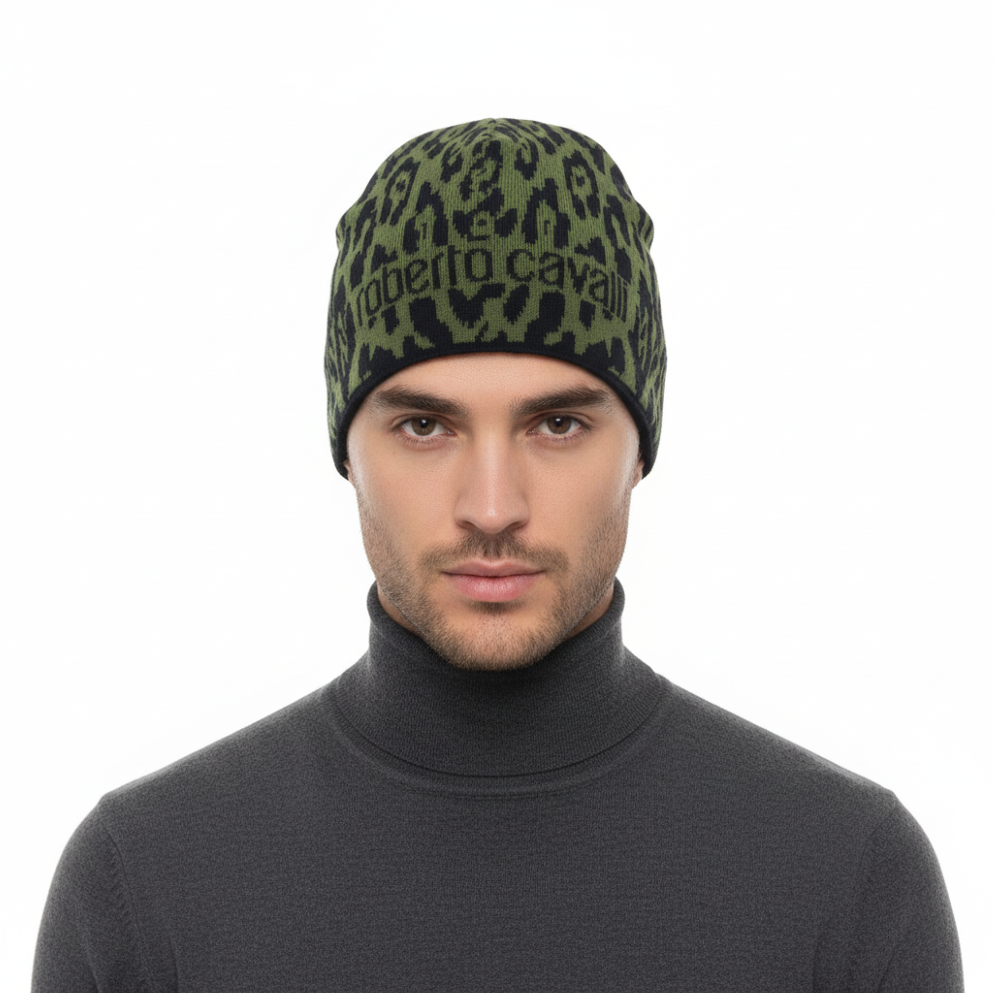 Roberto Cavalli ESZ026 D0491 Black/Military Green Jaguar Beanie Hat