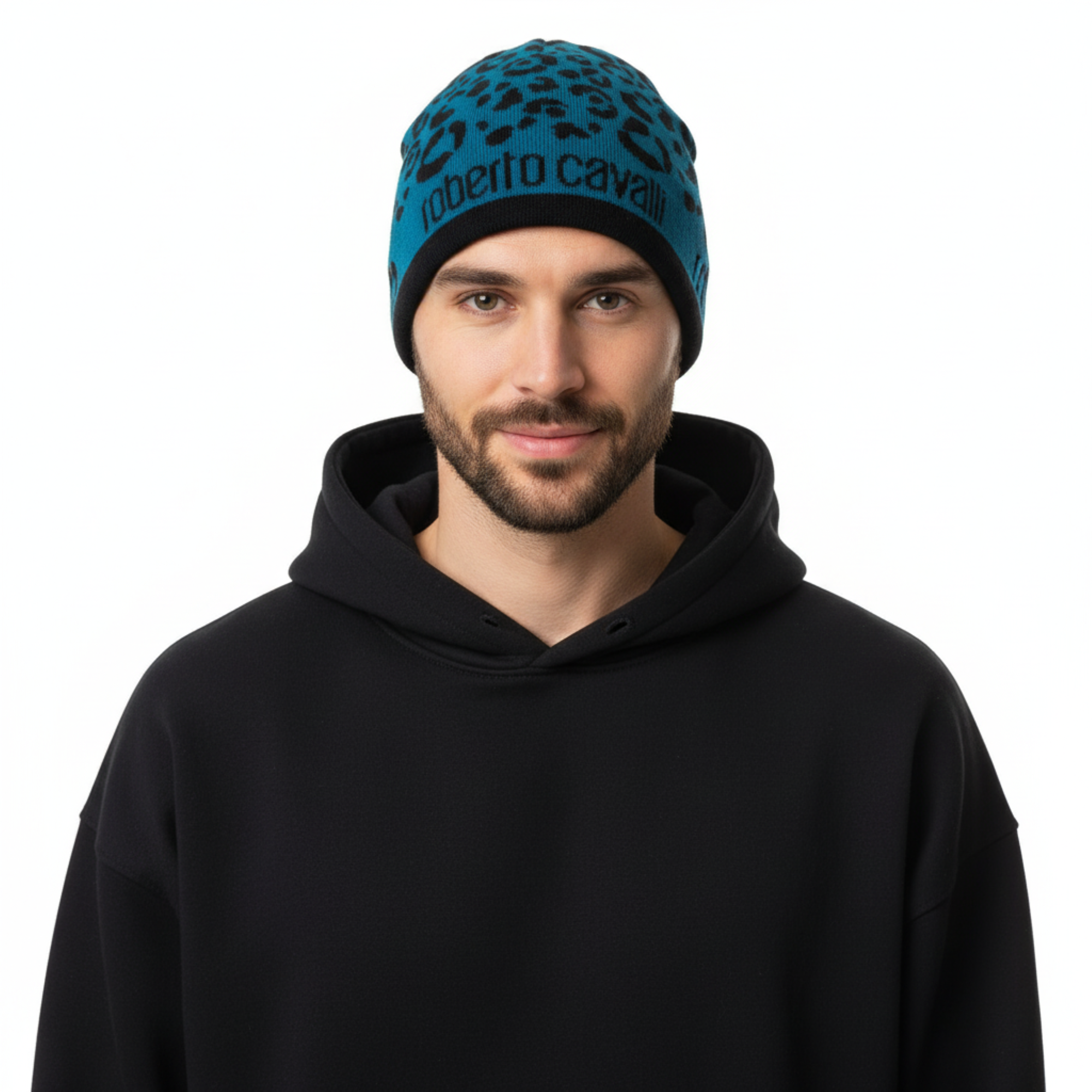 Roberto Cavalli ESZ031 D2493 Black/Petrol Leopard Beanie Hat