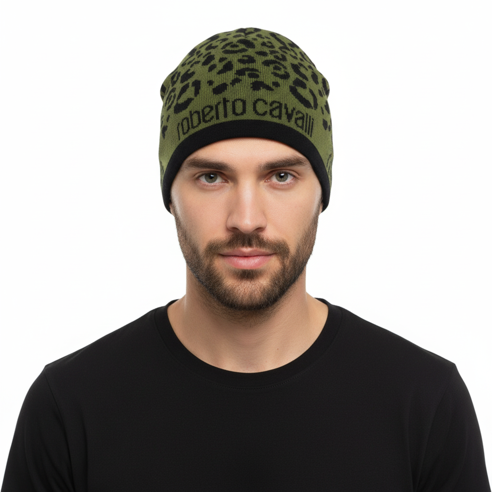 Roberto Cavalli ESZ031 04000 Black/Military Green Leopard Beanie Hat
