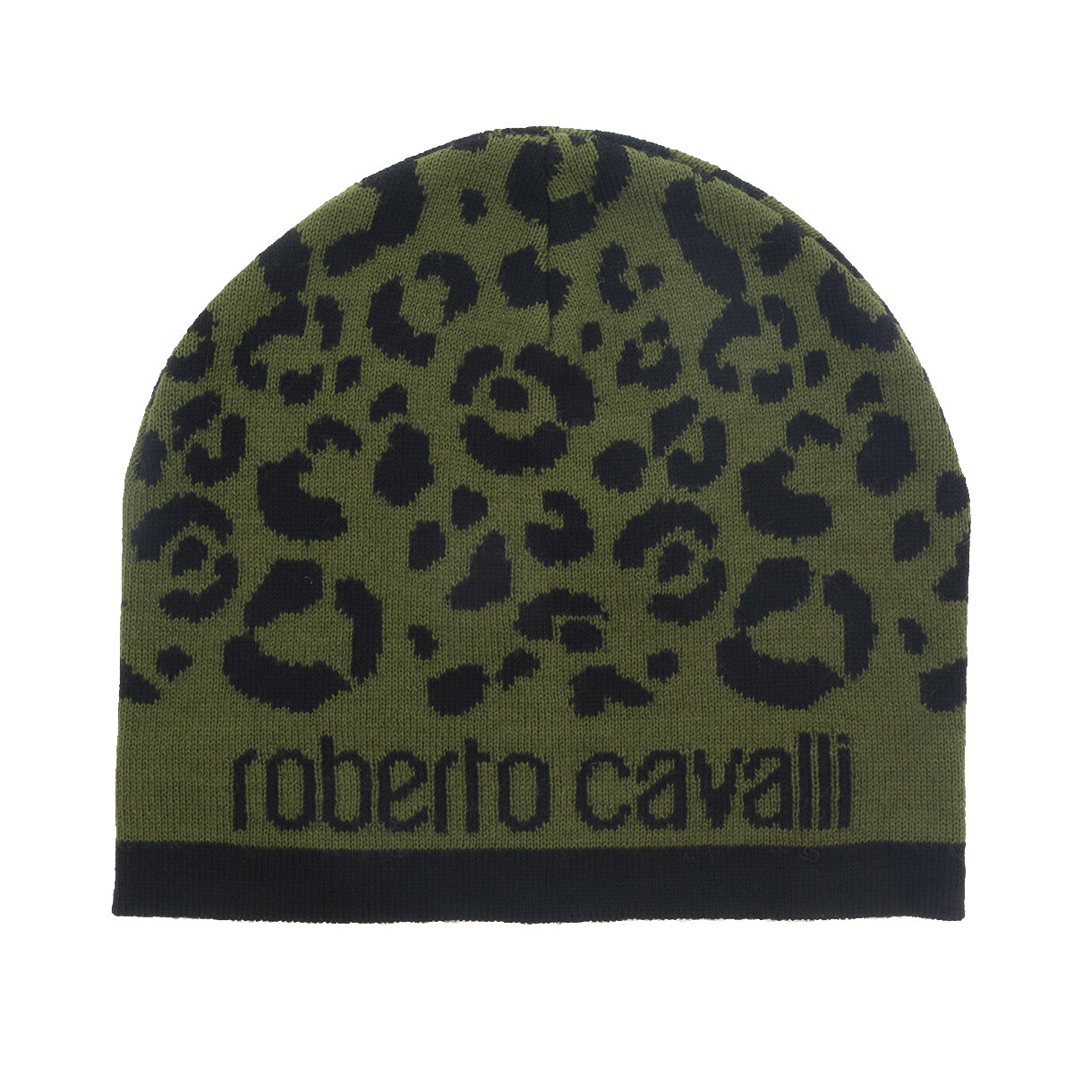Roberto Cavalli ESZ031 04000 Black/Military Green Leopard Beanie Hat
