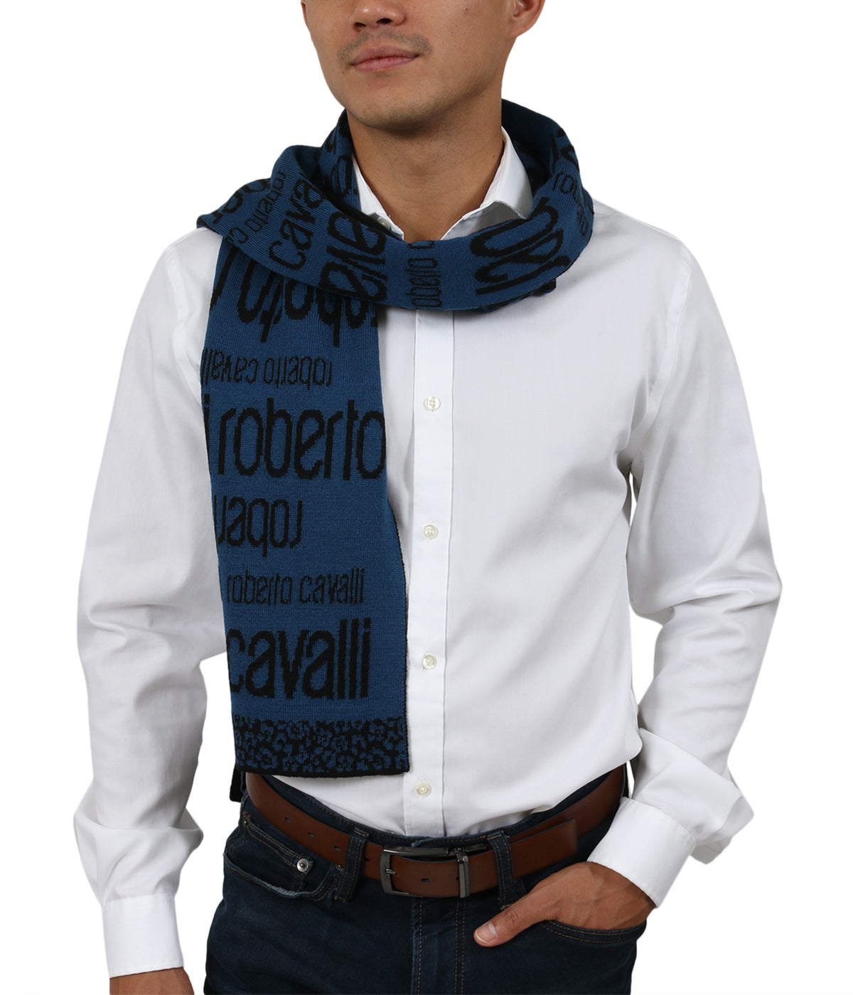 Roberto Cavalli ESZ064 LU053 Blue/ Black Wool Blend Mens Scarf