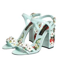 Dolce & Gabbana Mint Green Floral Studs Heels Sandals Women's Shoes
