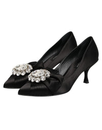 Dolce & Gabbana Black Satin Bow Crystal Embellishment Pumps Women's Shoes