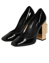 Dolce & Gabbana Black Gold Patent Leather Logo Heels Pumps Women's Shoes