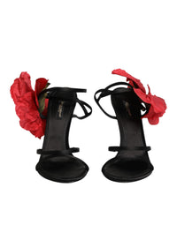 Dolce & Gabbana Black Leather Strappy Flower Heels Sandals Women's Shoes