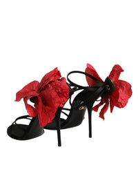 Dolce & Gabbana Black Leather Strappy Flower Heels Sandals Women's Shoes