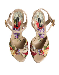 Dolce & Gabbana Beige Floral Ankle Strap Wedge Sandals Women's Shoes