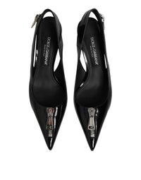Dolce & Gabbana Black Zipper Leather Heels Slingbacks Women's Shoes