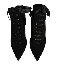 Dolce & Gabbana Black Stiletto Heels Lace Up Boots Women's Shoes