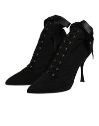 Dolce & Gabbana Black Stiletto Heels Lace Up Boots Women's Shoes
