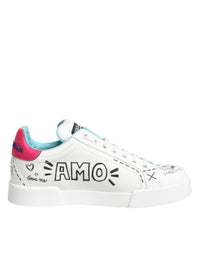Dolce & Gabbana White Leather Graffiti Low Top Sneakers Women's Shoes