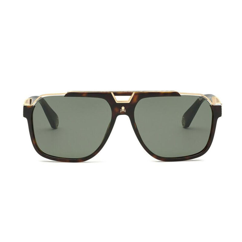 Philipp Plein Sunglasses Aviator Full Rim, Shiny Havana Frame and Green Lens SPP046V0722