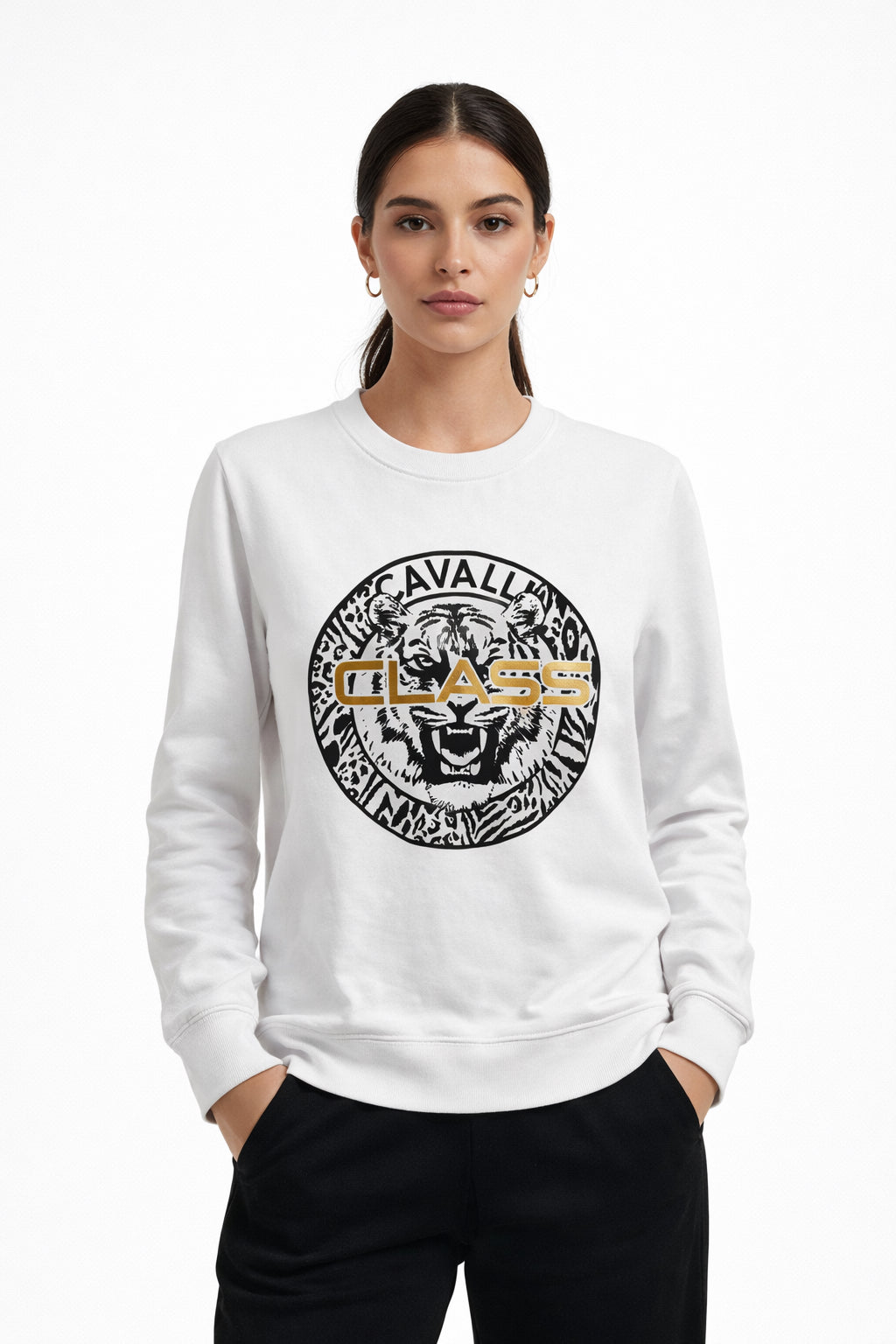 Cavalli Class White Signature Logo Screen Printed Womens Sweatshirt-M