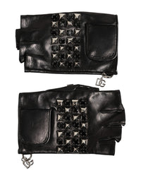 Dolce & Gabbana Black Leather Studded Fingerless Hand Mitten Men Men's Gloves
