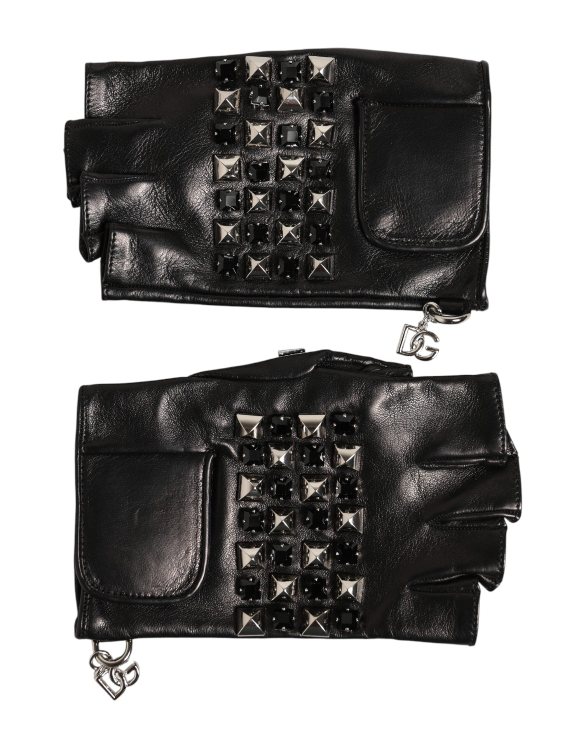 Dolce & Gabbana Black Leather Studded Fingerless Hand Mitten Men Men's Gloves