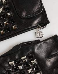 Dolce & Gabbana Black Leather Studded Fingerless Hand Mitten Men Men's Gloves