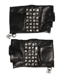 Dolce & Gabbana Black Leather Studded Fingerless Hand Mitten Men Men's Gloves