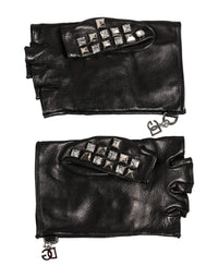 Dolce & Gabbana Black Leather Studded Fingerless Hand Mitten Men Men's Gloves