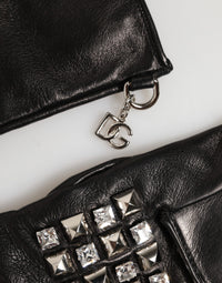 Dolce & Gabbana Black Leather Studded Fingerless Hand Mitten Men Men's Gloves