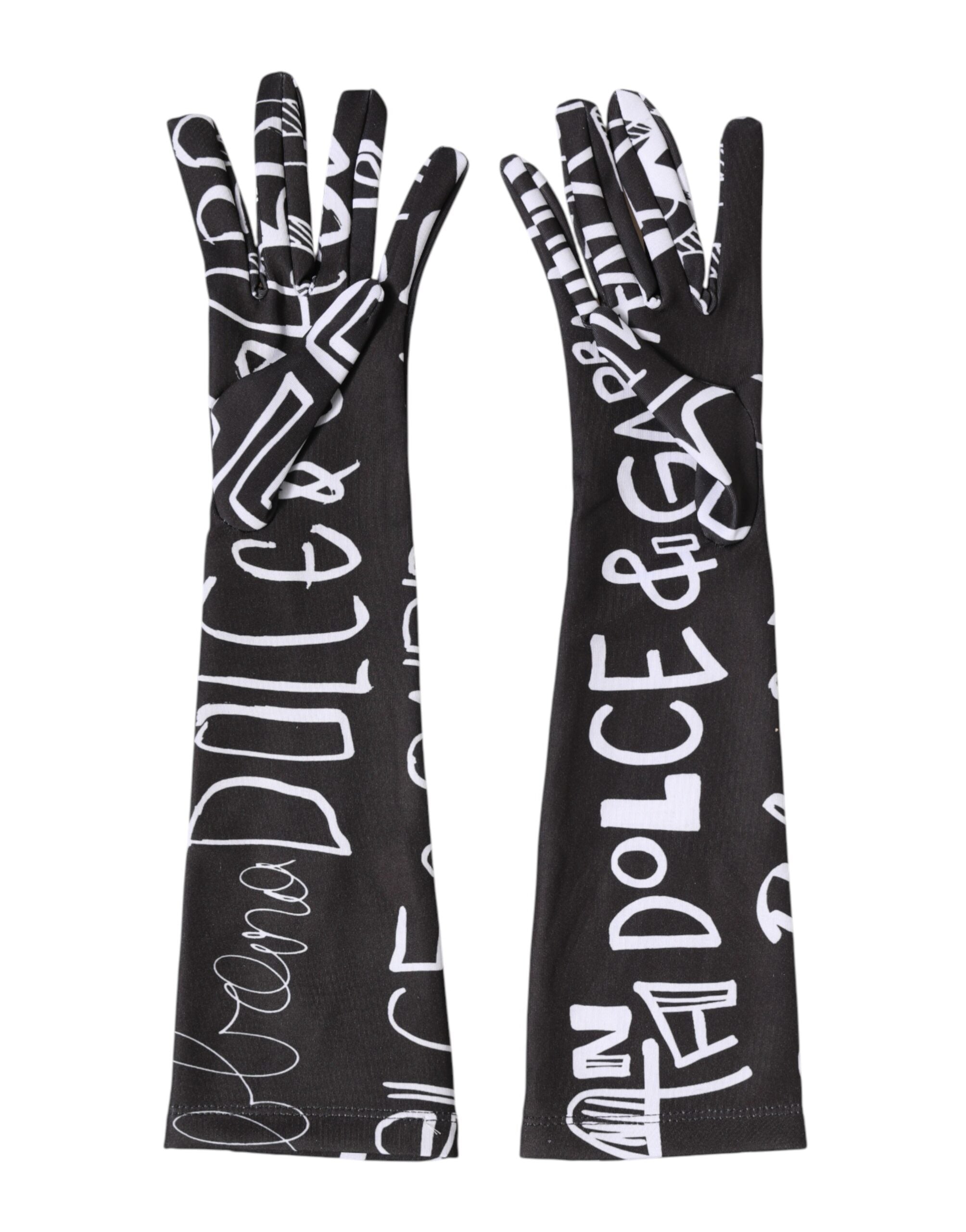Dolce & Gabbana Black White DG Logo Elbow Length Mitten Women's Gloves