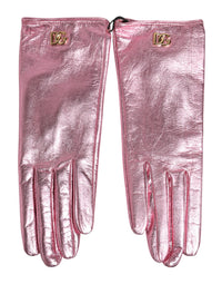 Dolce & Gabbana Pink Leather DG Logo Wrist Length Mitten Women's Gloves