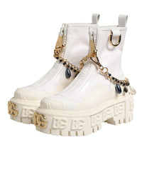 Dolce & Gabbana White Leather Rubber Logo Ankle Boots Women's Shoes