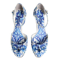 Dolce & Gabbana White Blue Floral Crystal Ankle Straps Women's Shoes