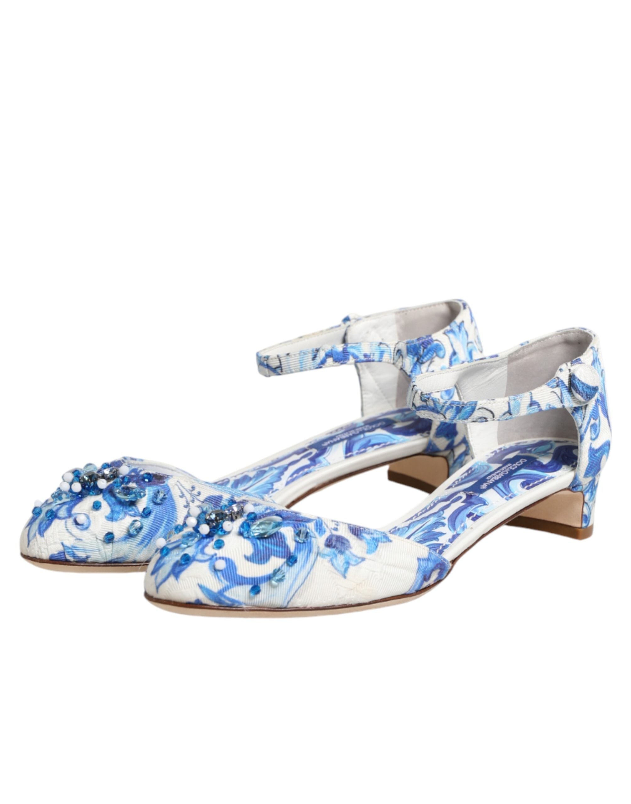 Dolce & Gabbana White Blue Floral Crystal Ankle Straps Women's Shoes