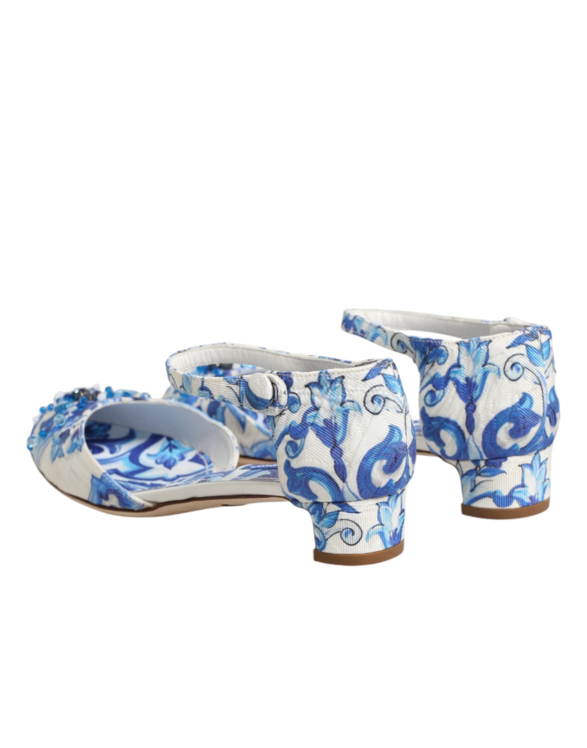 Dolce & Gabbana White Blue Floral Crystal Ankle Straps Women's Shoes