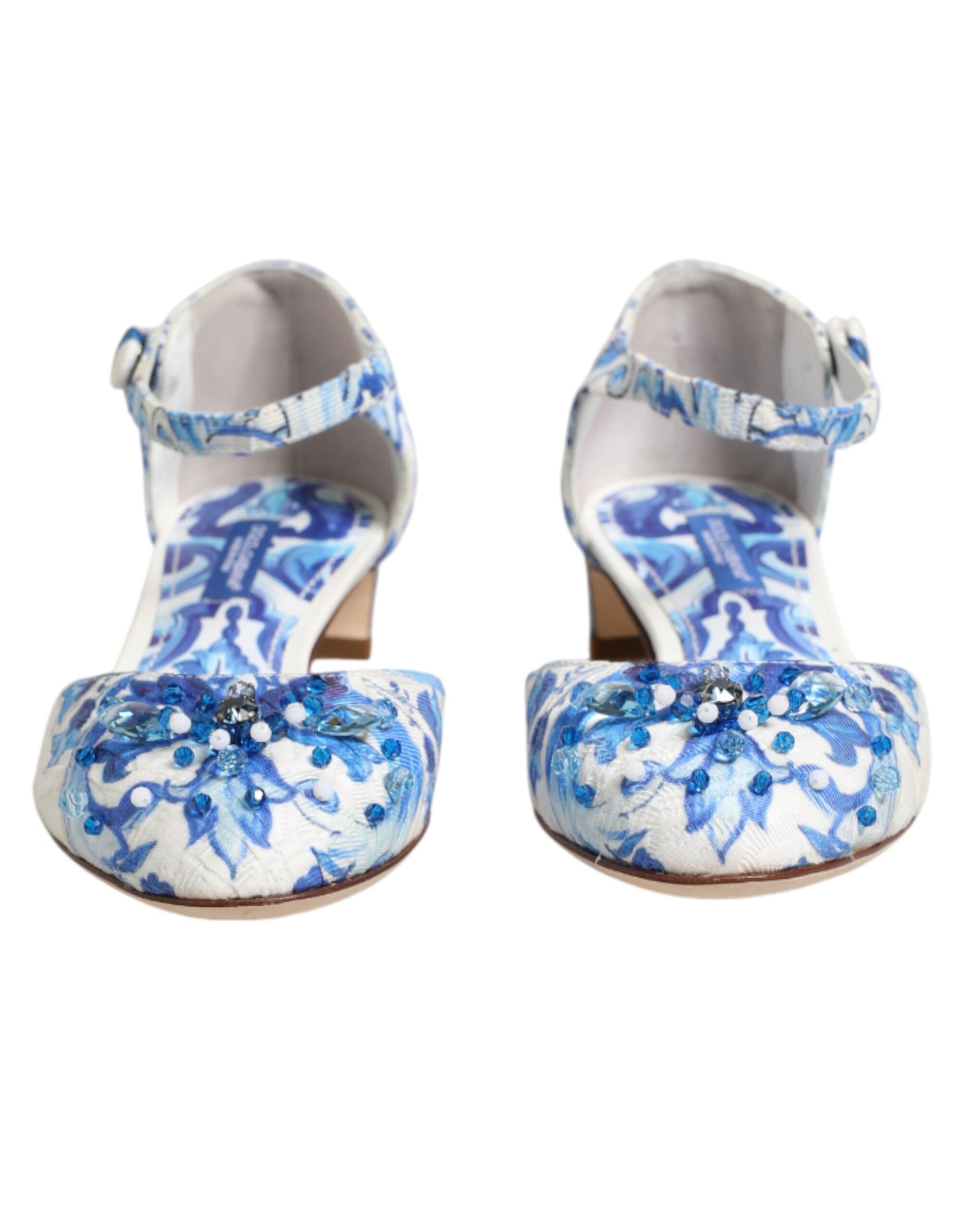 Dolce & Gabbana White Blue Floral Crystal Ankle Straps Women's Shoes