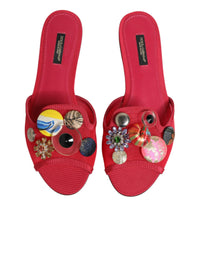 Dolce & Gabbana Red Embellished Flats Slip On Sandals Women's Shoes
