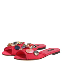 Dolce & Gabbana Red Embellished Flats Slip On Sandals Women's Shoes