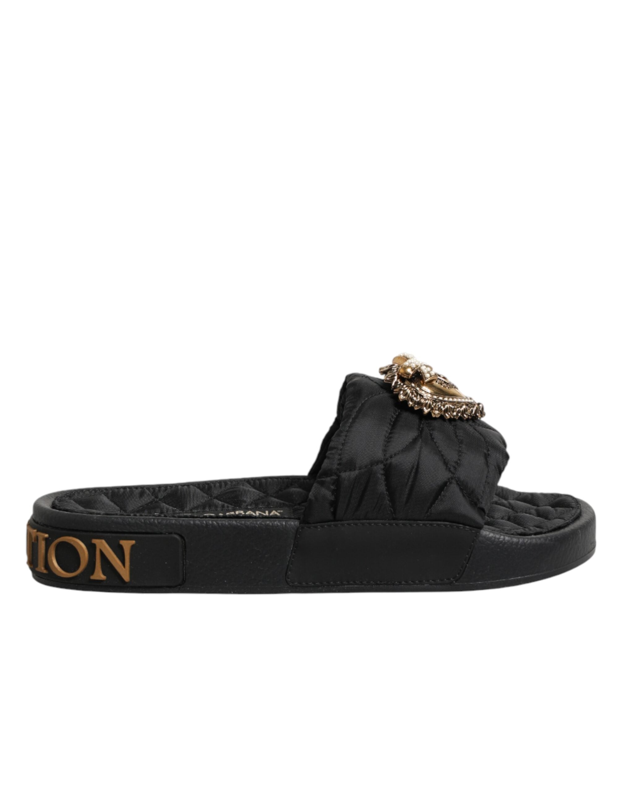 Dolce & Gabbana Dolce & Gabbana Black Devotion Matelassé Leather Slides Women's Shoes