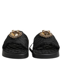 Dolce & Gabbana Dolce & Gabbana Black Devotion Matelassé Leather Slides Women's Shoes